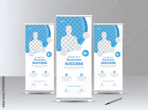 Creative business agency roll up banner design or pull up banner template with roll up banner realistic mockup, amazing signage design, blue banner layout, advertisement, awesome background