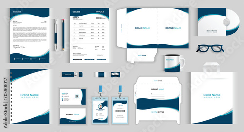 Office and business stationery set, Modern corporate brand identity template with digital elements. Vector company style for brand book and guideline. Minimal business stationery items.