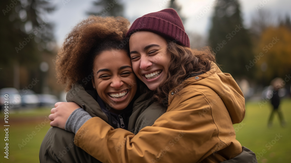 Friends hugging at a park, AI Generative. Friends hugging at a park, AI Generative.