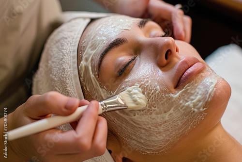 manos de esteticista realizando un tratamiento con pincel de  mascarilla facial antiarrugas  a una chica joven tumbada en una camilla en un spa photo