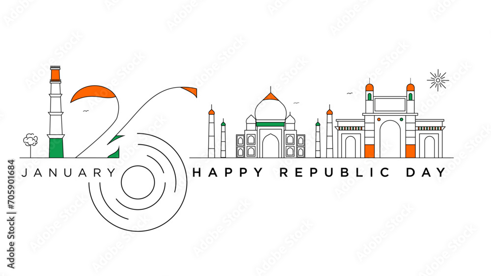 Whimsical Cityscape Happy Republic Day in Orange, Set Against a White Background.