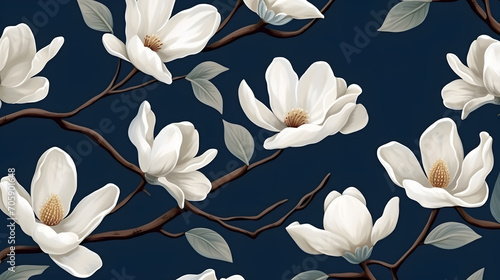 Seamless pattern with white Magnolia flowers on a navy blue background