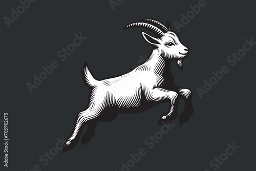 The little goat is jumping. Beautiful vintage engraving vector illustration. Black outline