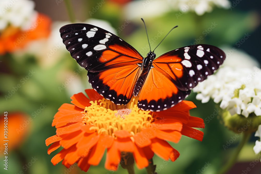 Naklejka premium Ismenius Tiger butterfly (Heliconius ismenius) pollinating a flower, close up.