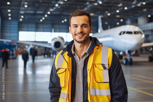 Portrait of a man aircraft marshall worker in airport hangar. Airline engineer © VisualProduction