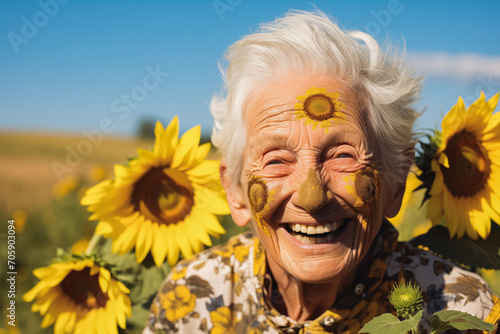 Portrait of an elderly woman with a sunflower on her face. She is outdoors.