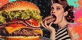 pop art retro style illustration, 70s era, a woman eating a big hamburger- cheeseburger , looking at the camera posing, vintage retro colors banner- binge eating concept