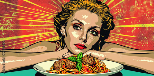 pop art retro style illustration, 70s era,  a woman  holding a spaghetti meatball dish, looking  at the camera posing, vintage retro  colors banner