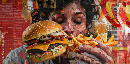 pop art retro style illustration, 70s era, a woman eating a big hamburger- cheeseburger , looking at the camera posing, vintage retro colors banner- binge eating concept