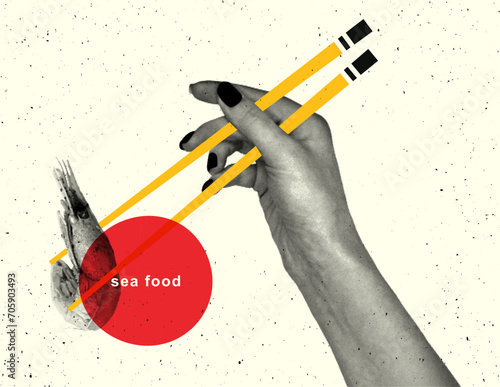 Banner for sushi bar, Japanese cuisine restaurant in retro collage style. Japanese chopsticks in the hand hold a shrimp with a halftone effect.