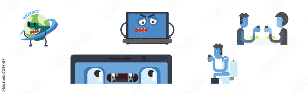 Obraz premium Smartphone Addiction with Man Use Mobile Gadget Vector Set