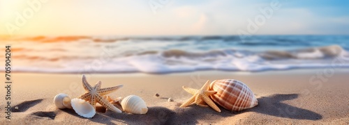 Sea, sand, starfish and shells on a sunny beach