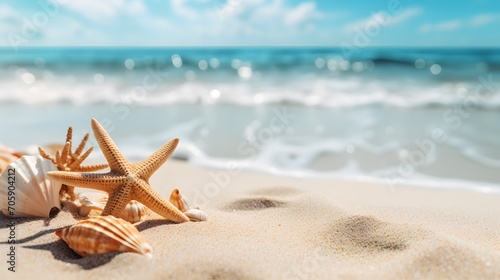 Sea  sand  starfish and shells on a sunny beach