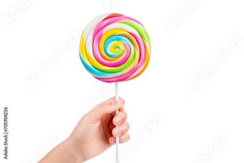 Colorful rainbow lollipop in female hand on white background