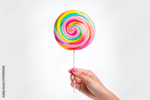 Colorful rainbow lollipop in female hand on white background