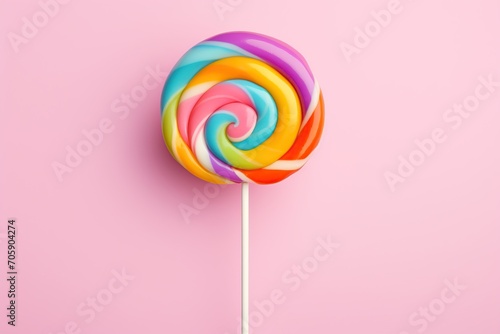 Colorful rainbow lollipop on pink background photo