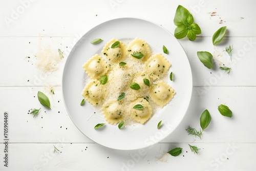 Italian ravioli pasta with spinach on wooden background photo