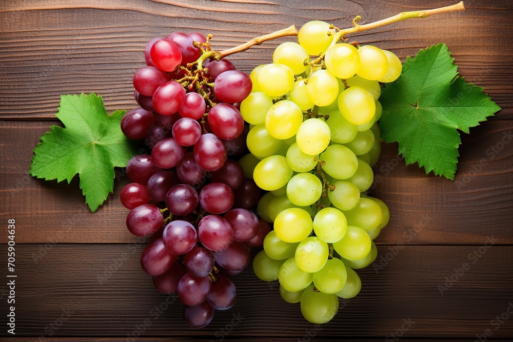 Ripe red and green grapes on wooden background Ripe red and green grapes on wooden background