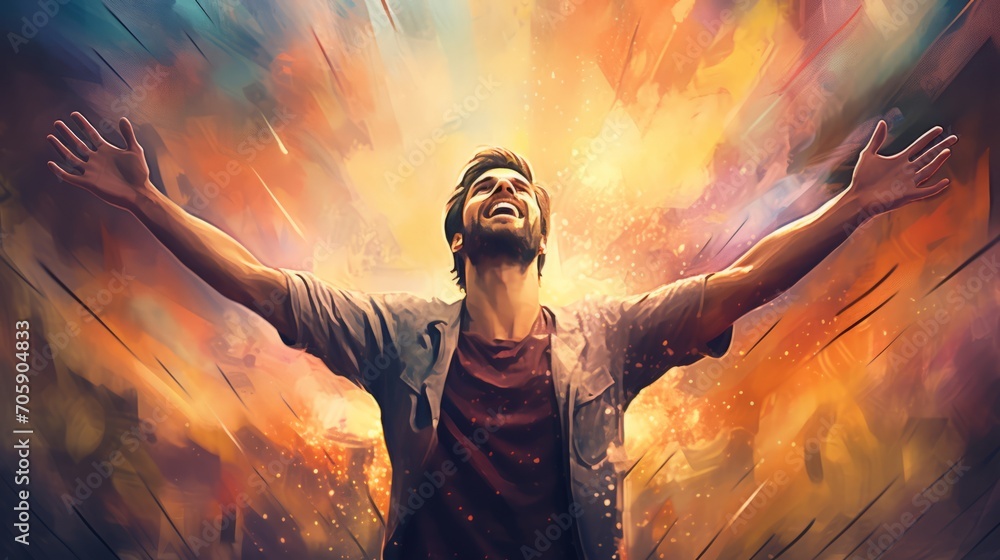 Joyful worship and praise: man raising hands in ecstasy, vibrant pastel illustration - inspirational spiritual wall art - obrazy, fototapety, plakaty 