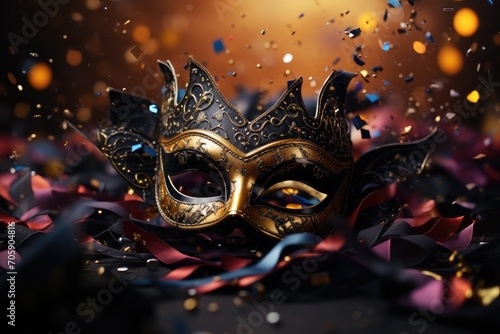 Realistic feather brazilian carnival mask, Colorful confetti, brazilian festival festa junina concept design background © pixeness