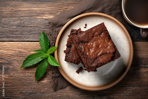 Chocolate brownie with mint leafs on wooden background