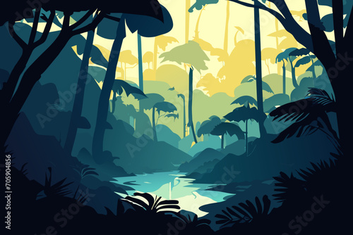 Pristine rainforest landscape at dawn. vektor icon illustation