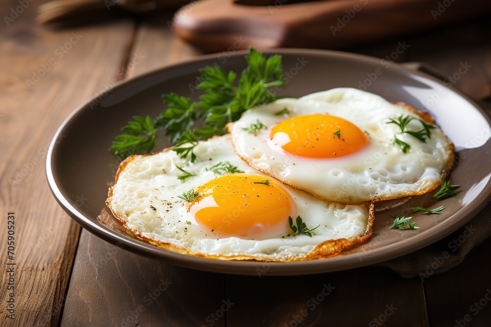 Fried eggs with herbs in plate on wooden background Fried eggs with herbs in plate on wooden background