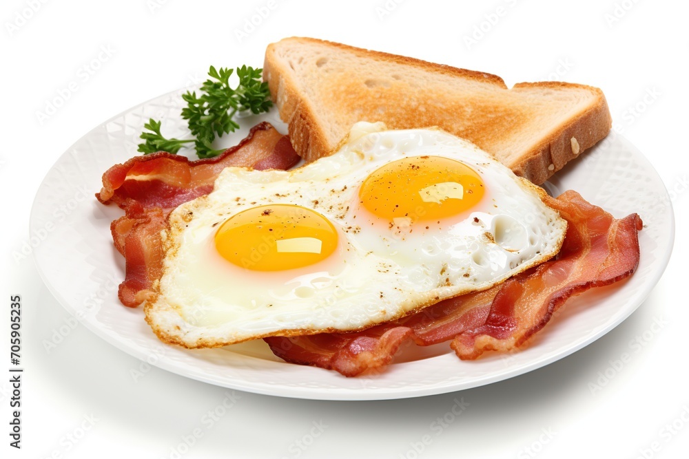 Fried eggs with toast and bacon on white background Fried eggs with toast and bacon on white background
