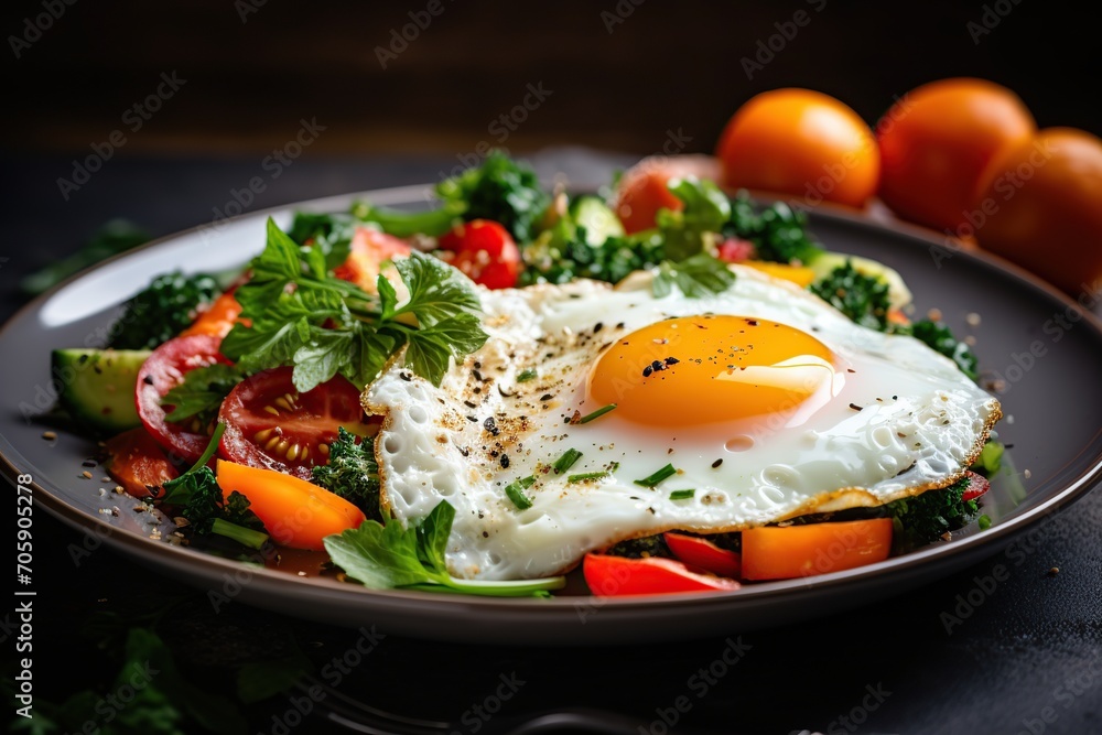 Fried eggs with vegetables and herbs in plate on dark background Fried eggs with vegetables and herbs in plate on dark background