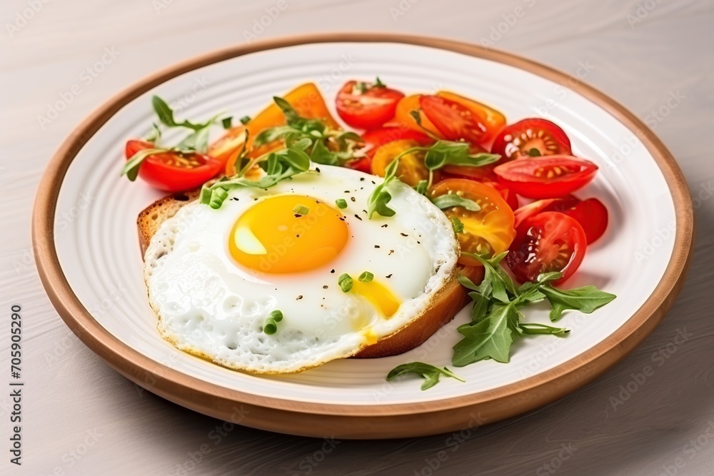 Fried eggs with vegetables and herbs in plate on wooden background Fried eggs with vegetables and herbs in plate on wooden background