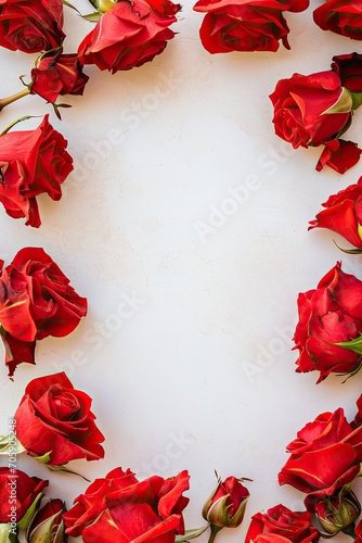 Red roses border on clear white background. Romantic and love concept. Design for wedding invitation, greeting card, Valentine's Day poster. Flat lay composition with place for text