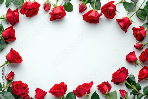 Red roses border on clear white background. Flat lay composition with place for text. Love and romance concept. Design for invitation, greeting card, Valentine's Day banner