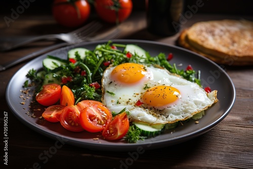Fried eggs with vegetables and herbs in plate on wooden background