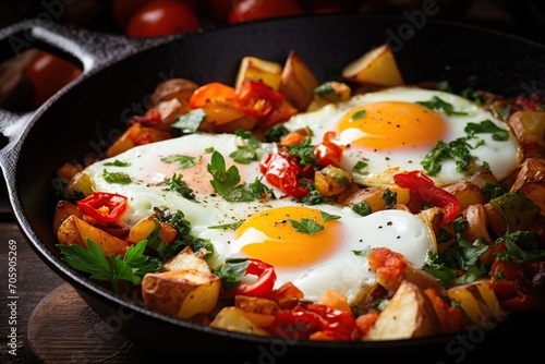 Fried eggs with vegetables and herbs in pan