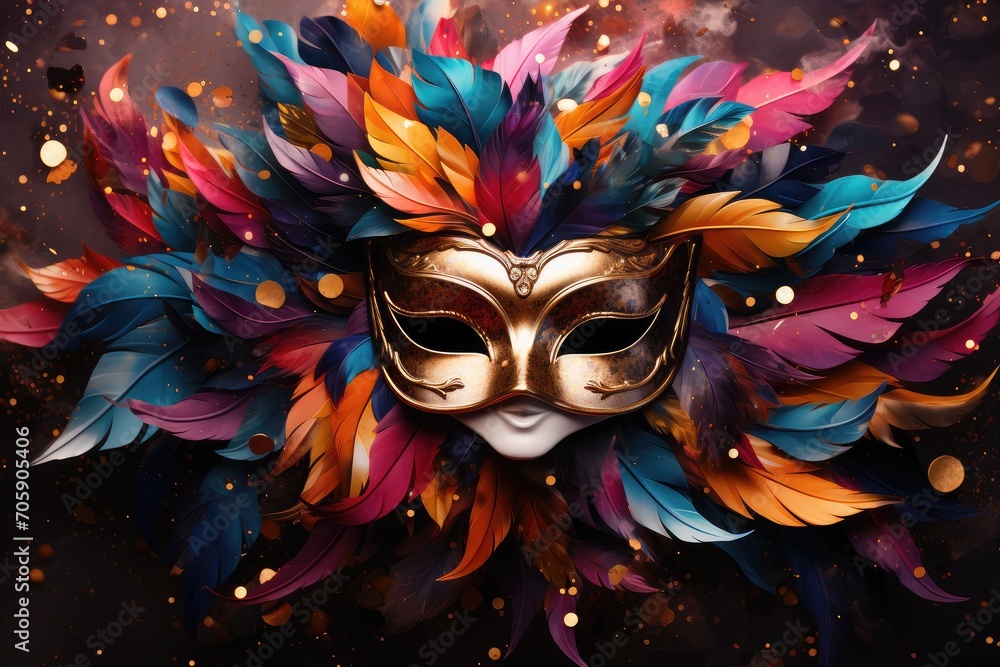 Realistic feather brazilian carnival mask, Colorful confetti, brazilian festival festa junina concept design background