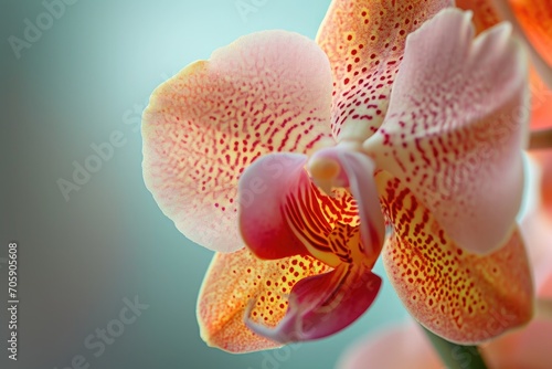 Close-up of a peachy orchid with dotted pattern. Macro photography. Botanical beauty concept. Design for greeting card, invitation, wallpaper. Macro shot with bokeh background. Spring flower