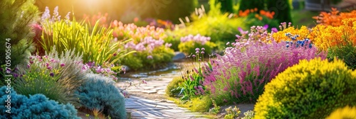 Vibrant garden pathway with assorted colorful flowers and plants. Garden design photography. Gardening concept. Design for poster, banner, greeting card. Panoramic shot with copy space #705905674