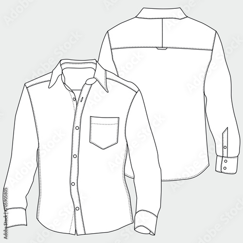 Technical fashion illustration of classic t-shirts with long sleeves with cuffed sleeves, front button fastening, narrow flap pocket, Flat template front gray color. Men women unisex.