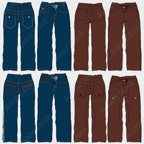 Unisex, Men, Women Folded Denim, Jeans Front and Back View of Vector Fashion Illustrations, CAD, Technical Drawing, Blueprint.