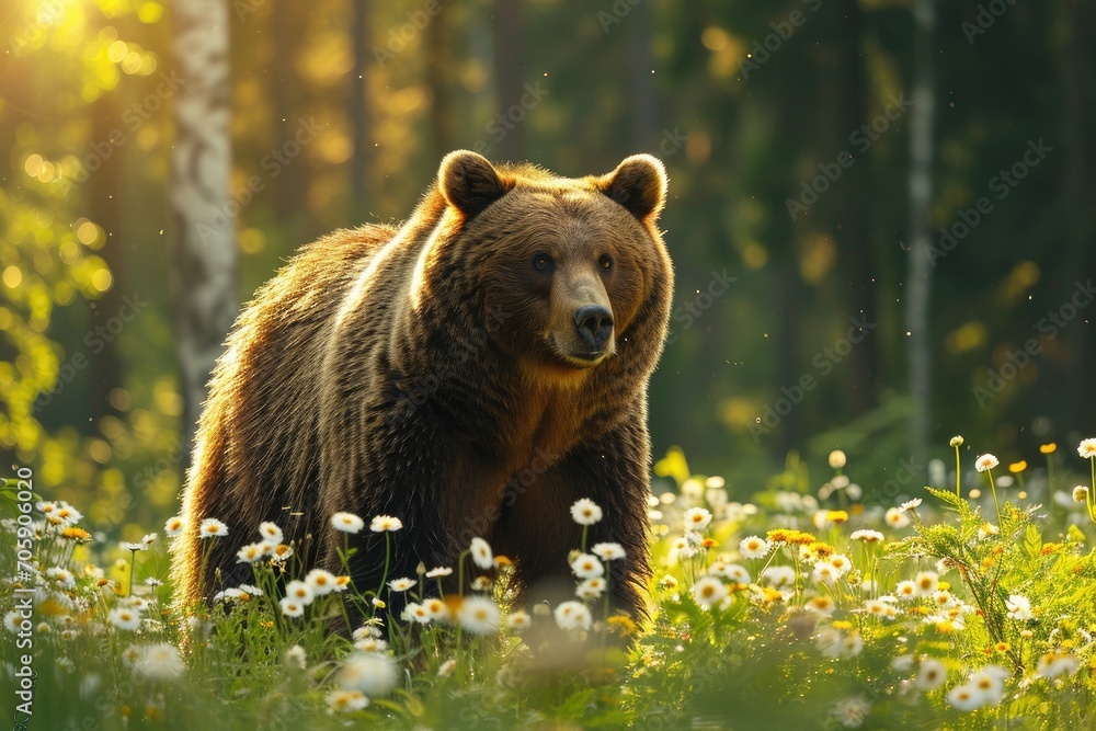 Fototapeta premium Brown bear standing in a field of daisies with forest background. Wildlife photography in natural habitat. Nature and exploration concept. Design for banner, poster, wallpaper. Springtime composition 