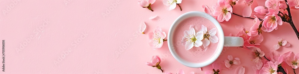 White sakura latte in cup on pink surface with cherry blossoms. Panoramic still life photo. Springtime and café concept. Design for banner, header with copy space. Spring composition with flowers - obrazy, fototapety, plakaty 
