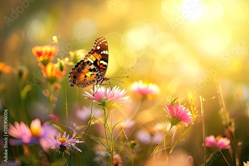 Painted lady butterfly on wildflowers with sunset bokeh. Macro nature photography. Summer and springtime tranquility concept. Design for banner, poster, wallpaper with copy space.. Spring flowers