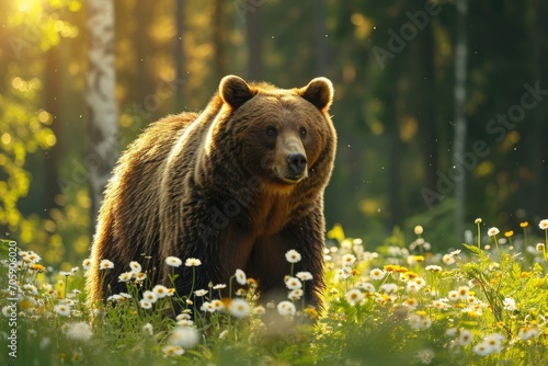 Brown bear standing in a field of daisies with forest background. Wildlife photography in natural habitat. Nature and exploration concept. Design for banner, poster, wallpaper. Springtime composition 