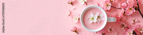 White sakura latte in cup on pink surface with cherry blossoms. Panoramic still life photo. Springtime and café concept. Design for banner, header with copy space. Spring composition with flowers photo