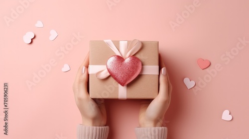 Gifts in hands on pink background top view mockup. Generative AI. © Penatic Studio