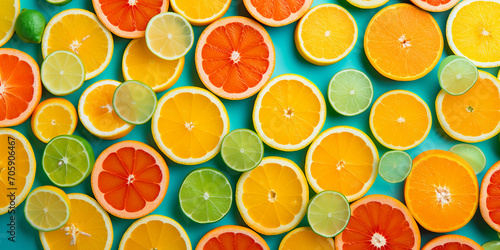 Citrus fruits arranged beautifully. Concept of healthy food. Different cut citrus fruits background, top view. Vibrant and zesty citrus fruit slices arranged beautifully on background of juicy oranges