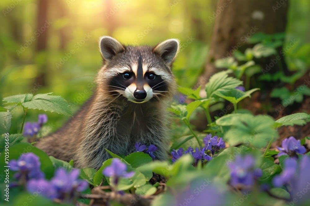 Funny raccoon in spring flowers. Wild animal in the forest. Cute creature. Springtime beauty. Spring nature concept with copy space Funny raccoon in spring flowers. Wild animal in the forest. Cute creature. Springtime beauty. Spring nature concept with copy space
