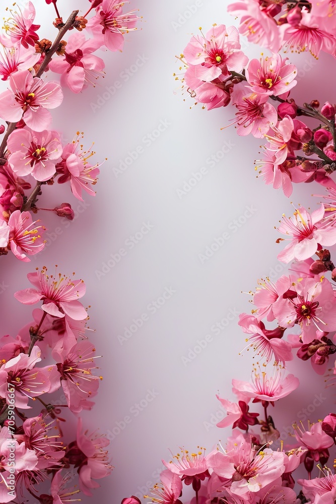 Background with pink sakura flowers on white background. Greeting card template for Wedding, Mother's or Women's day. Floral border with copy space. Flat lay composition, top view. Spring holidays Background with pink sakura flowers on white background. Greeting card template for Wedding, Mother's or Women's day. Floral border with copy space. Flat lay composition, top view. Spring holidays