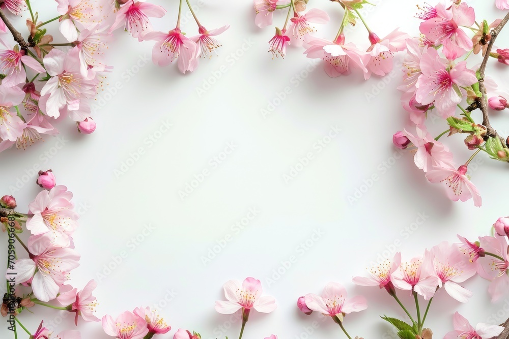  Frame of pink cherry blossom on white background. Greeting card template for spring holiday or wedding. Spring flowers border with copy space. Sakura blossom, flat lay composition