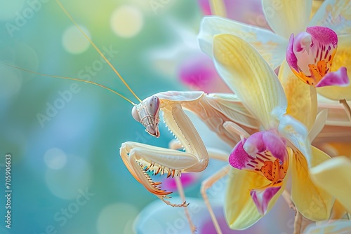 Praying mantis on orchid flower close up. Tropical garden. Amazing macro shot of an insect with blurred background. Springtime floral beauty. Beautiful pastel color palette photo